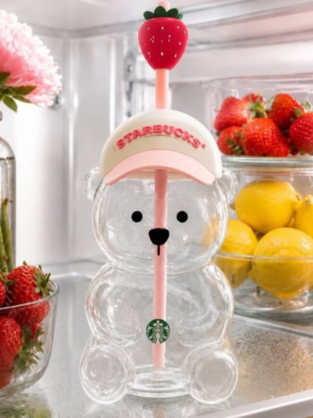 Starbucks 2026 Bearista Glass Tumbler 20oz Strawberry Straw NWT Original Box